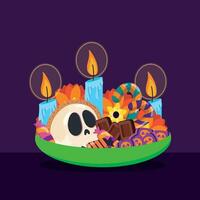 Teller mit Halloween Süßigkeiten Schädel ein Kerzen Vektor Illustration