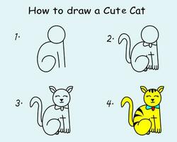 Schritt durch Schritt zu zeichnen ein süß Katze. Zeichnung Lernprogramm ein süß Katze. Zeichnung Lektion zum Kinder. Vektor Illustration