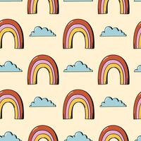 Regenbögen und Wolken Hippie nahtlos Muster im retro 60er-70er Stil. komisch endlos Hintergrund oder drucken Design im warm Farbe Palette. vektor