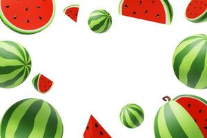 Wassermelone Rahmen zum Karte oder Banner. hell Sommer- Vorlage mit rot und Grün Frucht, Samen. realistisch Vektor Illustration Poster zum Party. frisch Süss Scheiben Rand zum Urlaub