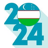 glücklich Neu Jahr 2024, lange Schatten Banner mit Usbekistan Flagge innen. Vektor Illustration.