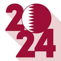 glücklich Neu Jahr 2024, lange Schatten Banner mit Katar Flagge innen. Vektor Illustration.