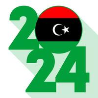 glücklich Neu Jahr 2024, lange Schatten Banner mit Libyen Flagge innen. Vektor Illustration.