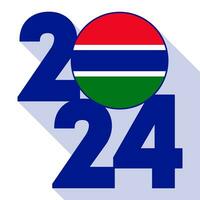 glücklich Neu Jahr 2024, lange Schatten Banner mit Gambia Flagge innen. Vektor Illustration.