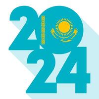 glücklich Neu Jahr 2024, lange Schatten Banner mit Kasachstan Flagge innen. Vektor Illustration.