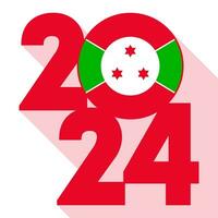glücklich Neu Jahr 2024, lange Schatten Banner mit Burundi Flagge innen. Vektor Illustration.