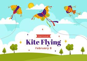 National Drachen fliegend Tag Vektor Illustration auf Februar 8 von sonnig Himmel Hintergrund im Sommer- Freizeit Aktivität im eben Karikatur Hintergrund Design