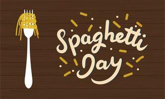 Banner zum Spaghetti Tag. Spaghetti mit Gabel und Beschriftung. Hand gezeichnet Vektor Illustration.