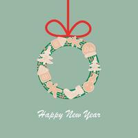 vykort, baner, posta för social media i de ny år stil. en krans med ingefära småkakor. Lycklig ny år. vektor