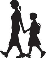 ein Mama gehen zu Schule mit ihr Kind Vektor Silhouette