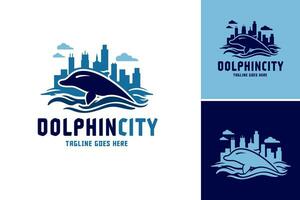 delfin stad logotyp design är en design tillgång lämplig för företag eller organisationer relaterad till marin liv, bevarande, vatten parker, eller några entitet den där vill ha till framföra en lekfull vektor