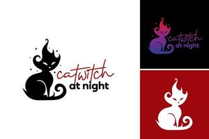 Katze Hexe das Nacht Logo Design ist ein Logo Design Anlagegut geeignet zum Nachtthema Projekte, eine solche wie Stadtbild, sternenklar Himmel, Mondschein Szenen, oder irgendein Design erfordern ein berühren von nachtaktiv Ambiente. vektor