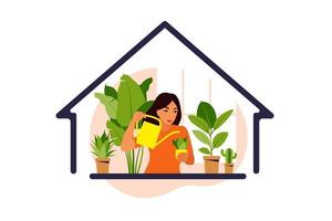 Bleiben Sie zu Hause Konzept. Frau gießt Zimmerpflanzen zu Hause. vektor