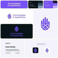 2d Technologien im Gesundheitswesen Logo mit Marke Name. Hand halten ein Herz Symbol. Design Element. visuell Identität. Vorlage mit Poppins Schriftart. geeignet zum Gesundheitspflege, Technologie, medizinisch, Innovation. vektor