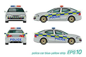 polis bil med blå röd siren, grå kropp Färg med blå-gul remsa vektor