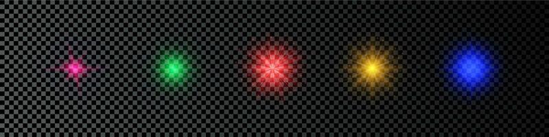 Licht bewirken von Linse Fackeln. einstellen von fünf Mehrfarbig glühend Beleuchtung Starburst Auswirkungen mit funkelt auf ein dunkel transparent Hintergrund. Vektor Illustration