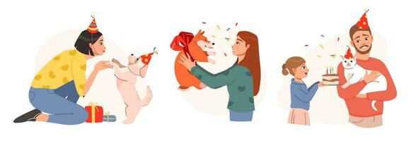 sällskapsdjur födelsedag fest. Lycklig sällskapsdjur ägare i festlig caps och gåvor fira de födelsedag av deras sällskapsdjur. platt vektor illustration