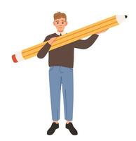Schüler Stehen mit Bleistift. ein jung Mann hält ein groß Bleistift. Bildung Konzept. eben Vektor Illustration.
