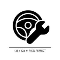 2d Pixel perfekt Glyphe Stil Lenkung Rad Reparatur Symbol, isoliert Vektor, einfach Silhouette Illustration Darstellen Auto Bedienung und Reparatur. vektor