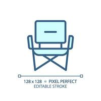 2d Pixel perfekt Blau Camping Stuhl Symbol, isoliert Vektor, editierbar Wandern Ausrüstung dünn Linie Illustration. vektor