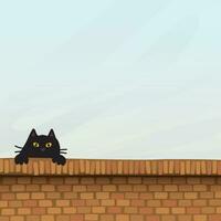 schwarz Katze auf Backstein Mauer kindisch Stil Vektor Illustration haben leer Raum.