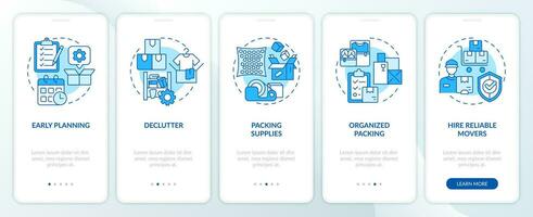 2d Symbole Darstellen ziehen um Bedienung Handy, Mobiltelefon App Bildschirm Satz. Komplettlösung 5 Schritte Blau Grafik Anleitung mit Linie Symbole Konzept, ui, ux, gui Vorlage. vektor