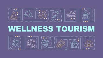 2d Wellness Tourismus Text mit verschiedene dünn linear Symbole Konzept auf dunkel lila monochromatisch Hintergrund, editierbar 2d Vektor Illustration.