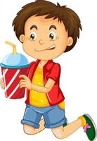glückliche junge Zeichentrickfigur, die einen Getränkeplastikbecher hält vektor