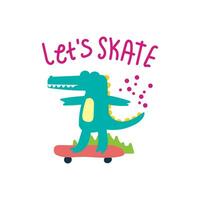 söt krokodil spelar skateboard, hand dragen illustration för för tyg, textil- och skriva ut vektor