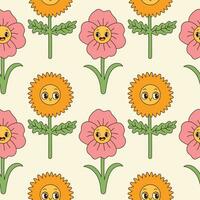 groovig Blumen nahtlos Muster. retro 70er Jahre lächelnd Gesicht Blumen Grafik Elemente isoliert. Hippie, Frieden, Blume Leistung einfach linear Stil groovig dekorativ Vektor Illustration. retro Jahrgang Blumen.