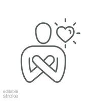 Ihre selbst Pflege Symbol. einfach Gliederung Stil. Liebe ich selbst, Umarmung, Mitgefühl, Umarmung meine Körper, gut und Gesundheit Leben Konzept. dünn Linie Symbol. Vektor Illustration isoliert. editierbar Schlaganfall.