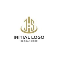 första js logotyp med kreativ hus ikon, modern och professionell verklig egendom logotyp design vektor