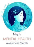 Banner zum mental Gesundheit Bewusstsein Monat im dürfen. Mädchen mit Blätter auf ein Licht Hintergrund vektor