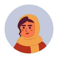 muslim kvinna Söt leende 2d vektor avatar illustration. huvudskott tillfällig scarf hijab ung vuxen lady tecknad serie karaktär ansikte porträtt. avslappnad utgör platt Färg användare profil bild isolerat på vit