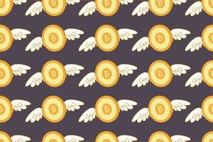Bitcoin mit Flügel nahtlos Muster. Hintergrund mit fliegend Bitcoin. Gold Symbole von Bitcoin. Vorlage zum Verpackung, Design, Hintergrund, Vektor Illustration.