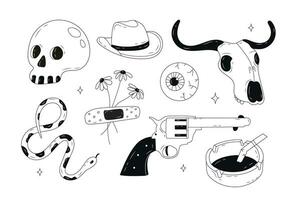 vild väst klotter uppsättning. cowboy tema. söt vektor uppsättning av hand dragen cowboy element. samling av annorlunda klistermärken med skalle, hatt, pistol, orm, askkopp. stock isolerat illustration.