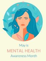 baner för mental hälsa medvetenhet månad i Maj. flicka med löv på en ljus bakgrund vektor