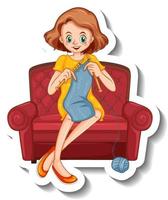 en klistermärkesmall med en kvinna som stickar och sitter på soffan vektor