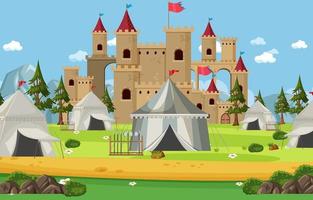 militärt medeltida läger med tält och slott vektor