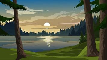 schöner See mit Pinienwald bei Sonnenuntergang
