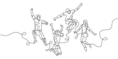 kontinuerlig linje ritning av fyra hoppande glada lagmedlemmar vektor