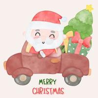 söt jultomten kör bil julgran gåva tecknad xmas kawaii vektor