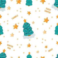 niedlicher Cartoon-Weihnachtsbaum und Sterne nahtlose Muster vektor