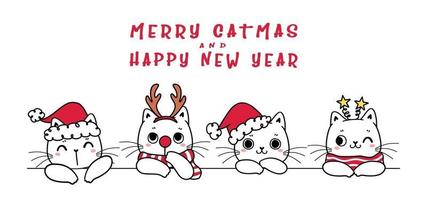 söta fyra kattungekatter i julmössa och gott nytt år banner vektor