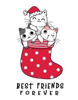 söt tre kattunge katt vän i röd jul strumpa, vänskap tecknad vektor