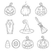 halloween set -jack, häxhatt, kvast, hatt, godis, kista, potion vektor