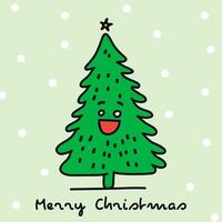 fröhlich Weihnachten Gruß Karte mit lächelnd Karikatur Weihnachten Baum. eben Design im Gekritzel Stil. festlich Platz Banner Vorlage. Vektor Illustration