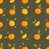 nahtlos Muster, ganze Orangen, Hälften und Orange Scheiben, mit Grün Blätter auf ein dunkel Hintergrund. Obst Hintergrund. Ideal zum Textil- Produktion, Hintergrund, Poster, usw. Vektor Illustration