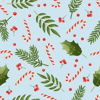 sömlös vektor mönster av jul dekorationer, gran grenar, godis käppar, järnek löv och bär, snöflingor. dekorativ ny år mönster för Semester förpackning, omslag papper, textilier.