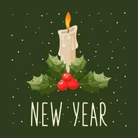 jul kort med en ljus dekorerad med järnek löv och bär, snöflingor, på en grön bakgrund. vektor platt illustration med de inskrift ny år. ny år hälsning kort, baner.